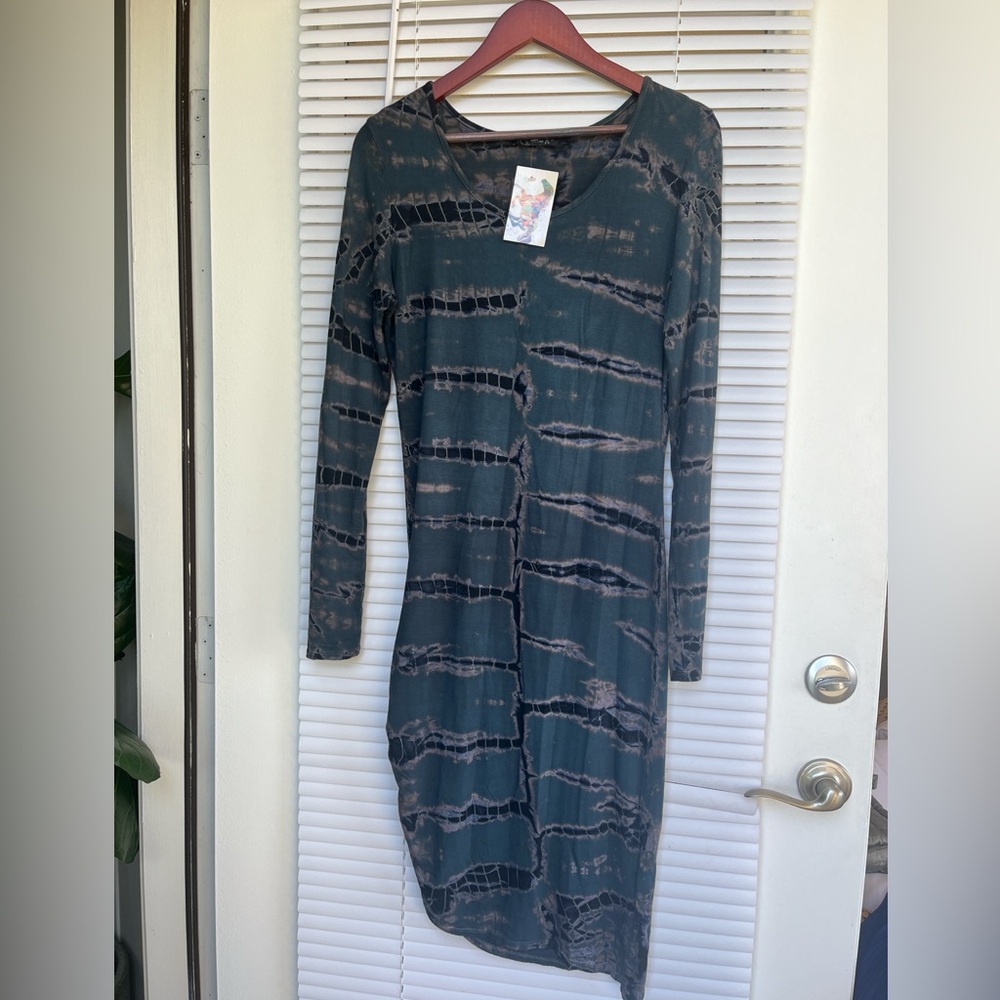 Navy and multi colored tie dye long Sleeve stretch Dress